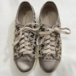 Michael Kors Signature MK Gold Brown Logo Print Lace Up Sneakers Shoes Size 11M